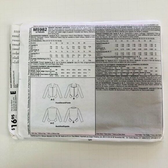 McCalls Sewing Pattern M5982 Misses Unlined Jackets Size 8-20 - Picture 2 of 2